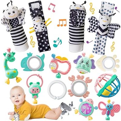 15Pcs Baby Wrist Rattles & Foot Finders Sock,Newborn Hand and Foot Rattles/Teething Toy for Babies,Educational Development Infant Toys,Infant Rattle Socks for 0-12 Months Child Gift…
