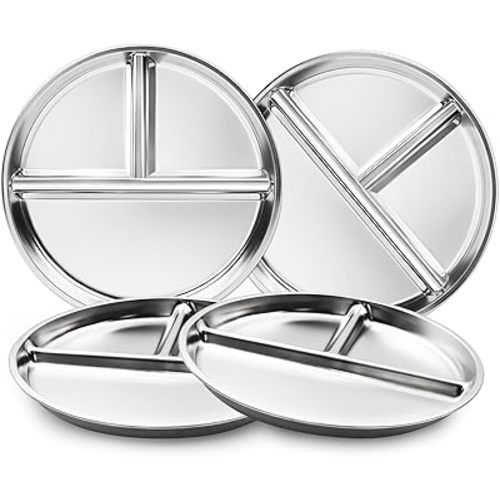Stainless Steel Kids Plates Set of 4, 9" Portion Control Plates Divided Plate for Adults Toddlers Balance Lunch, Bariatric & Diabetic Diet, Non Toxic Camping Metal Snack Plate for Eating