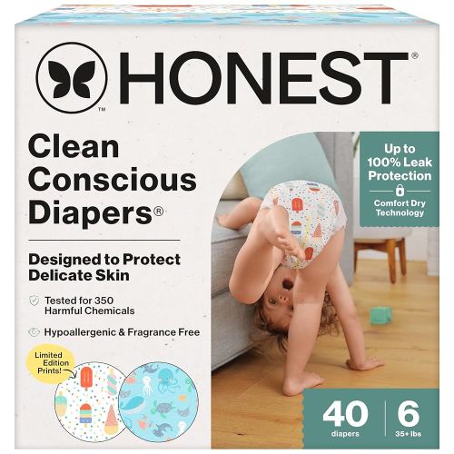The Honest Company Clean Conscious Diapers for Delicate Skin | Up to 100% Leakproof | Hypoallergenic, Fragrance Free | Summer '25 Limited Edition Prints | Club Box, Size 6 (35+ lbs), 40 Count