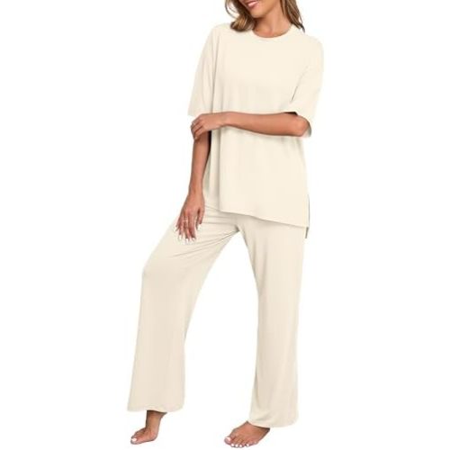 PrinStory Womens Pajamas Sets 2 Piece Lounge Set Short Sleeve Tops and Long Pants Soft Pjs Loungewear with Pockets