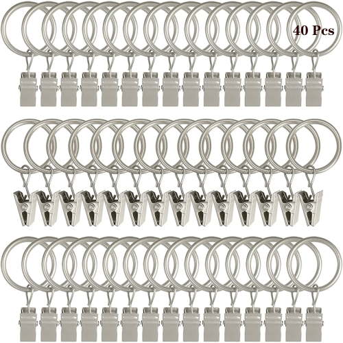 40 Pack Easy Glide 1in Window Curtain Rings with Rustproof Clips, Vintage Silver for Bathroom