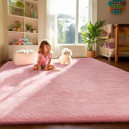 Ophanie Light Pink Area Rugs for Bedroom Girls, 4x6 Kids Fluffy Fuzzy Furry Shag Carpet, Plush Soft Cute Baby Shaggy Bedside Indoor Floor Rug for Teen Dorm Home Decor Aesthetic, Nursery