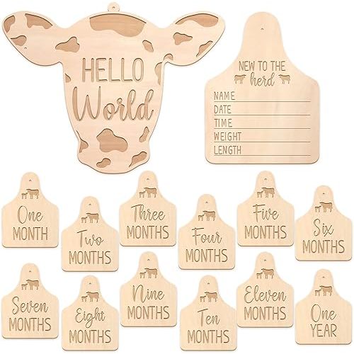 Huray Rayho Cow Baby Monthly Cards Rustic Wooden Herd Cattle Newborn Photography Props to Record Your Baby´s Growth, Gift Set of 14 Reversible Cards for Pregnancy and Baby Shower