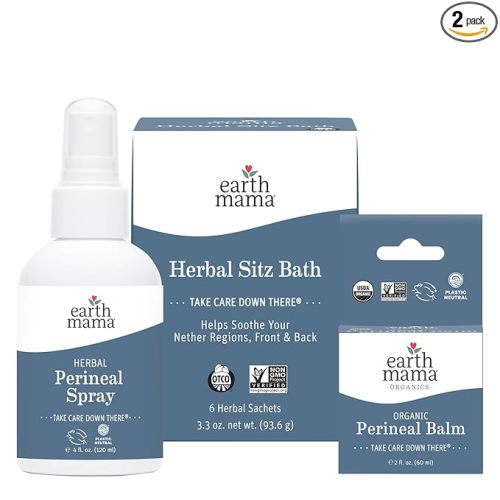 Earth Mama Postpartum Recovery Kit, Take Care Down There® Trifecta with Organic Perineal Balm, Sitz Bath & Herbal Peri Spray, 3-Piece Set
