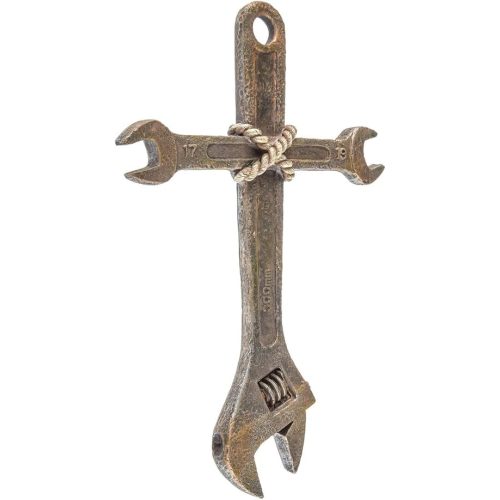 Hobby Lobby Wall Cross with Wrench Design, 11.5" H x 7.56" W, Rustic Gray and Beige Resin, Industrial Style, Man Cave, Garage
