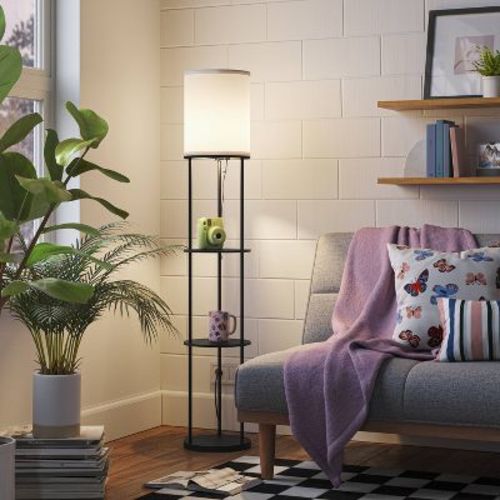 56"x11" Shelf Floor Lamp Black - Room Essentials™: Modern Standing Lamp With Pull Chain, Etl Listed