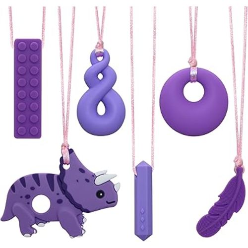 Chewy Necklaces for Sensory Kids, Boys and Girls, Silicone Dinosaur Chewy Necklaces for Autism, ADHD, SPD, Chewable Oral Motor Pendant for Chlidren