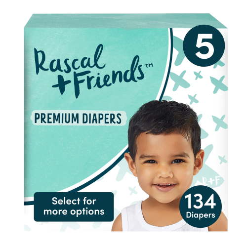 Rascal + Friends Premium Diapers, Size 5, 134 Count - Chlorine, Latex, Fragrance-Free, Gentle on Sensitive Skin