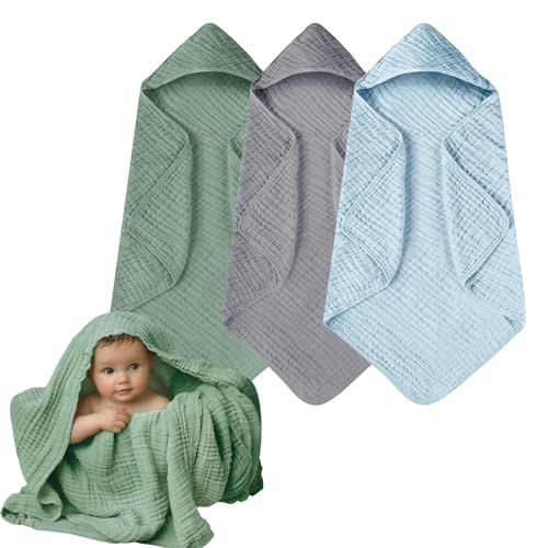 Momsnug Hooded Baby Towels, 3 Pack Muslin Cotton Baby Towel Set, Super Soft and Absorbent Bath Towel for Babies, Infant, Toddler and Kids, Newborn Essential (35 X 35 Inch) (Green + Grey + Blue)