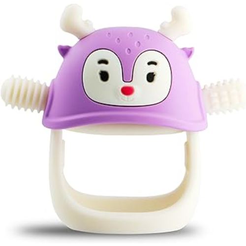 Smily Mia Never Drop Reindeer Silicone Baby Chewing Toy for 3M+ Infants, Easy to Hold Teething Miteen with Soft Textures for Sensory Exploration and Teething Pain Relief-Purple