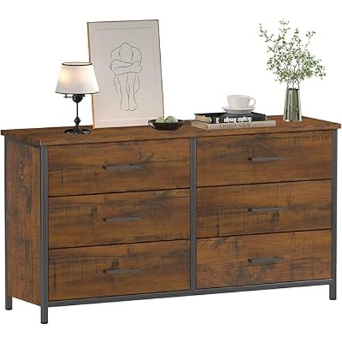 IKENO 6 Drawer Double Dresser, Industrial Wood Dresser for Bedroom, Storage Cabinet with Sturdy Steel Frame