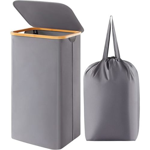 Lifewit 100L Basket with Lid, Clothes Hampers with Bamboo Handles and A Removable Bag, Large Foldable Hamper for Bedroom, Bathroom, Dorm, Laundry Room, Grey