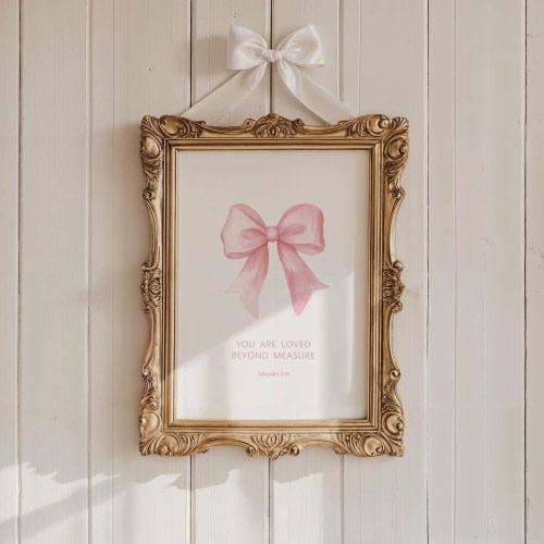 Pink Bow Bible Verse Wall Art, Ephesians 3:19, Christian Girl Nursery Print, Coquette Room Decor, You Are Loved, Girl Scripture Print