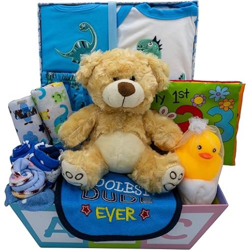 Nikki’s Gift Baskets Sweet New Baby Boy Gift Basket, Baby Layette Set with Adorable New Baby Essentials, Newborn Baby Gift Set Basket for Expecting Moms & Baby Showers, Baby Dinosaur Clothes, Blue