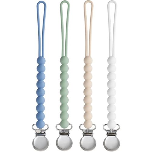 Pacifier Clip for Boys Girls - MORIBOX 4 Pack Paci Clip Soothie Baby Binky Holder for Shower Gift Birthday (Beige+White+Blue+Sage)