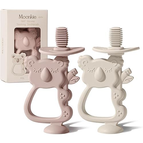 Moonkie Teething Toy Set of 2, Safe & Easy to Hold BPA Free Silicone Teethers, 360° Baby Toothbrush with Suction Base, Teether Toys Best for Babies 6-12 Months (Koala Blush/Shifting Sand)