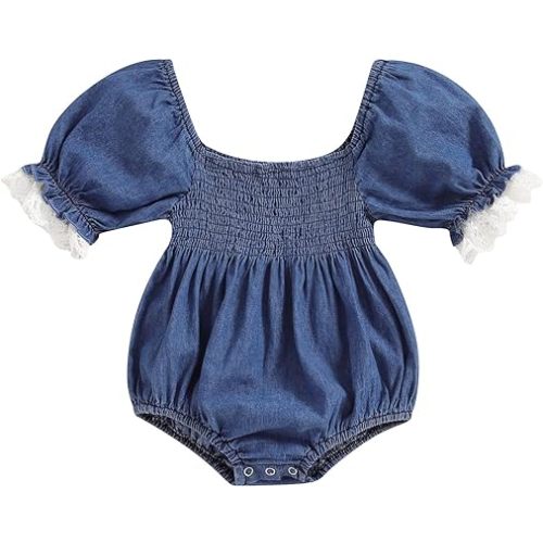 Infant Baby Girls Romper Ruffle Sleeve Pleated Smocked Bubble Floral Onesie Ruched Jumpsuit Summer Bodysuit