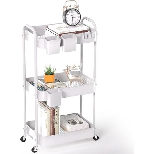3-Tier Rolling Utility Cart, Metal Storage Cart with 3 Hanging Cups & 4 Hooks, Multifunctional Organization Cart with Lockable Casters for Bathroom, Kitchen, Living Room, Office, White