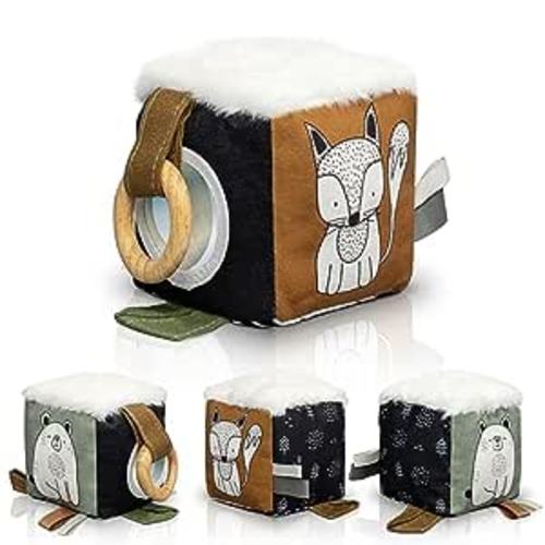 Amazon.com : Soft Toy Block with Wooden Ring for Babies 0-3 and 0-6 Months - The Perfect High Contrast Activity Cube & Teething Toy with Tummy Time Mirror for Newborns - A Fun Sensory & Development Toy for Infants : Baby