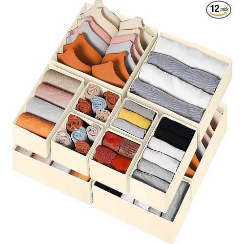 Criusia Drawer Organizer Clothes 12 Pack, Dresser Organizer for Nursery Bedroom Closet Organization and Storage - Baby Clothes Organizer Bins - Drawer Divider for Sock Underwear Bra Ties (Beige)