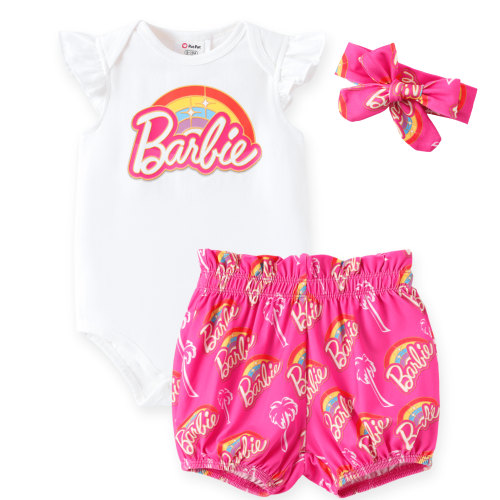 Barbie Rainbow Baby Girl Clothes 3Pcs Outfit Set Short-Sleeve Ruffled Shorts & Headband Set 3-6M