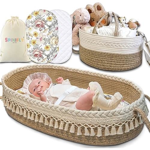 Baby Changing Basket Set with Diaper Caddy Organizer Macrame Boho Moses Basket for Babies, Handmade 100% Cotton Rope, Woven Portable Nursery Decor Waterproof Pad & Floral Pad