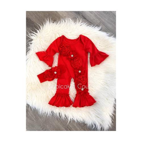 Newborn Girl Red Ruffle Romper: Couture Take Home Outfit & Headband