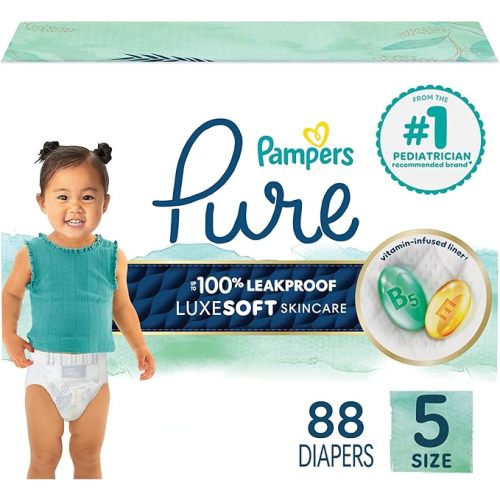 Pampers Pure Baby Diapers, Size 1 (8-14 lbs), 82, Up to 100% Leakproof, Premium Hypoallergenic Soft Diapers