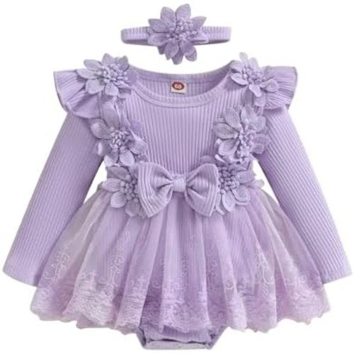 ZAXARRA Infant Baby Girl Romper Dress Baby Dress Romper Flowers Lace Fall Winter Clothes with Headband
