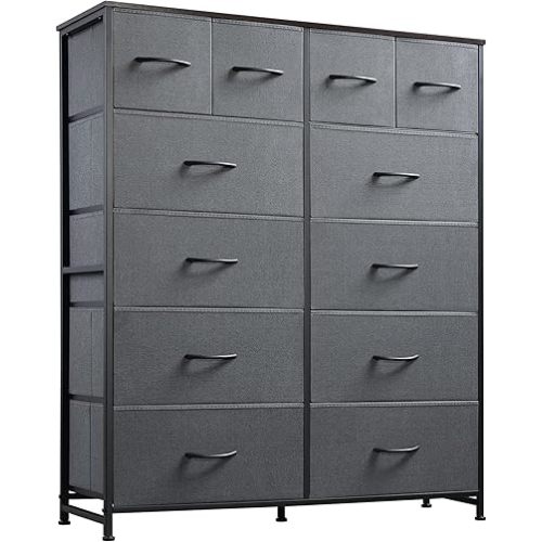 WLIVE Storage Organizer Unit with 12 Fabric Bins, Storage Drawers Organizer with Steel Frame, Tall Storage Tower Organizaton for Living Room, Hallway, Office, Charcoal Black