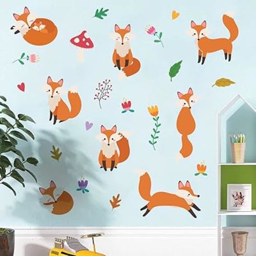 Cute Fox Wall Sticker Wall Decals DIY Fox Flower Leaves Mushrooms Wall Stickers Peel & Stick Woodland Animal Wall Art Decoration Murals for Kids Bedroom Playroom Baby Nursery Wall Decor