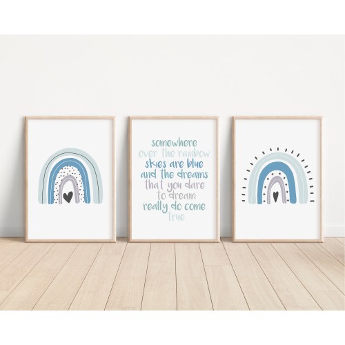 Boho Rainbow Set of 3 Nursery Art Prints, Blue Boy Colorful Nursery Wall Art, Nursery Decor, Play Room, Baby Room Ideas,Rainbow