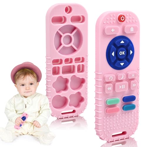 AiTuiTui Baby Teething Relief Sensory Chew Toys for 3 6 9 12 Months, Silicone Infant Teether Remote Control Bath Toy for Newborn Toddlers Boy Girl Autism Baby Shower Birthday Gifts, Dark Pink