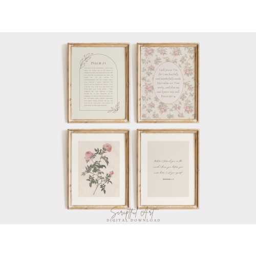 Christian Nursery Gallery, Vintage Floral Prints, Girls Room Decor, Set of 4, Cottagecore Girly Bible Posters, Digital Download