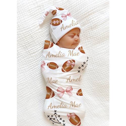 Baby Girl Football Baby Blanket, Personalized Shower Gift Sports Baby Girl Coming Home Outfit Daddy’s Little Girl Football Swaddle Blanket