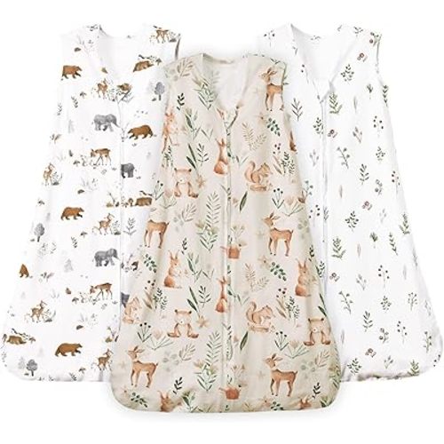 PHF Baby Sleep Sack 0-6 Months 3 Pack 100% Cotton Baby Wearable Blanket, 2-Way Zipper 0.5 TOG Toddler Sleeping Sack, Comfy Sleep Bag for Baby Boys Girls, Woodland&Animal (Small)