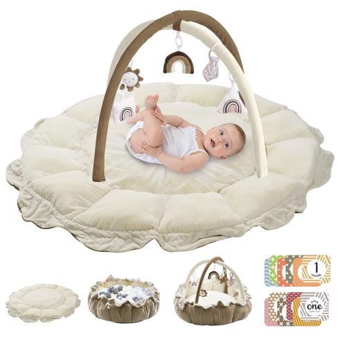 5-in-1 Convertible Baby Play Gym with 6 Toys, Tummy Time Mat for Sensory Development, Baby Activity Center from Newborn to Toddler, Ball Pit, Cat & Dog Bed, Soft Plush Pet Bed, No Ball Included Brown