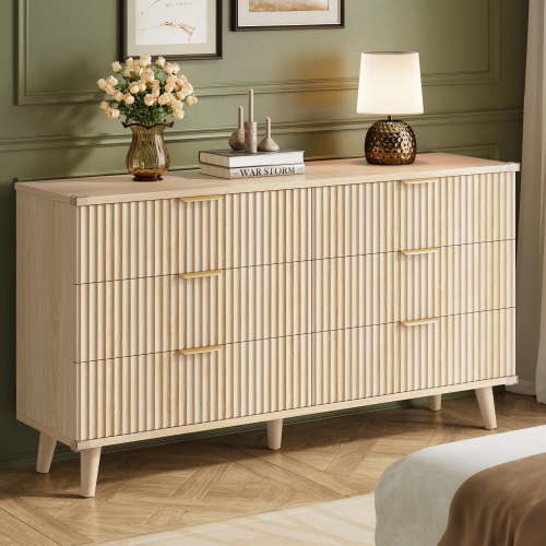 Laintene 6 Drawer Dresser for Bedroom, Boho Solid Wood Fluted Dresser with Wave Panel Design, Chest of Drawers for Clothes Storage, Modern Storage Cabinet for Living Room & Entryway, Natural