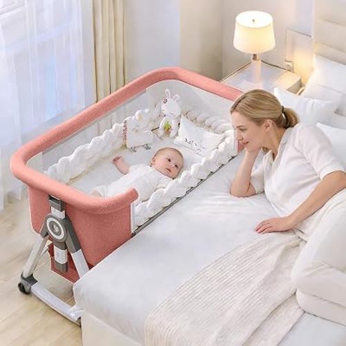 Baby Bassinet,3 in 1 Baby Bassinets Bedside Sleeper with Wheels and Mosquito Net,Bedside Bassinet for Baby with Comfy Mattress, Mattress&Breathable Mesh,Storage Basket