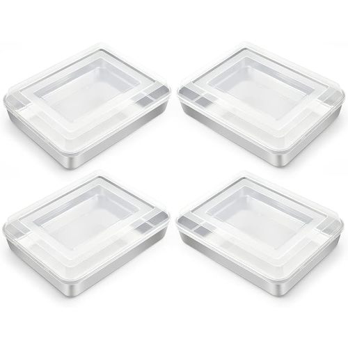 TeamFar Rectangular Cake Pan with Lid, (4 Pans + 4 Lids), 10.5’’ x 8’’ x 2’’ Stainless Steel Metal Lasagna Baking Roasting Pan, Non-Toxic & Heavy Duty, Brushed Surface & Deep Side, Dishwasher Safe