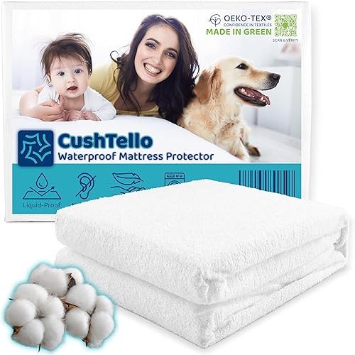 CushTello™ 100% Waterproof Mattress Protector Crib Size - Cotton Blend 180gsm Baby Crib Mattress Protector - Soft & Breathable Crib Waterproof Mattress Protector - Fitted Baby Mattress Protector