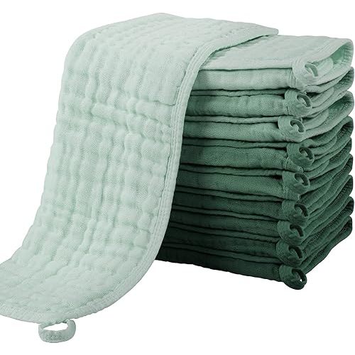 Yoofoss Muslin Burp Cloths for Baby 10 Pack 100% Cotton Baby Washcloths for Boys Girls Large 20''X10'' Super Soft and Absorbent Gradient Green