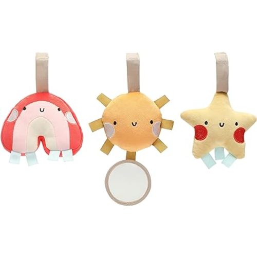 Pearhead Rainbow Sun and Stars Stroller Toys, Plush Corduroy Baby Travel Car Seat Accessories, Hanging Interactive Sensory, Gender-Neutral Newborn Gifts, Set of 3