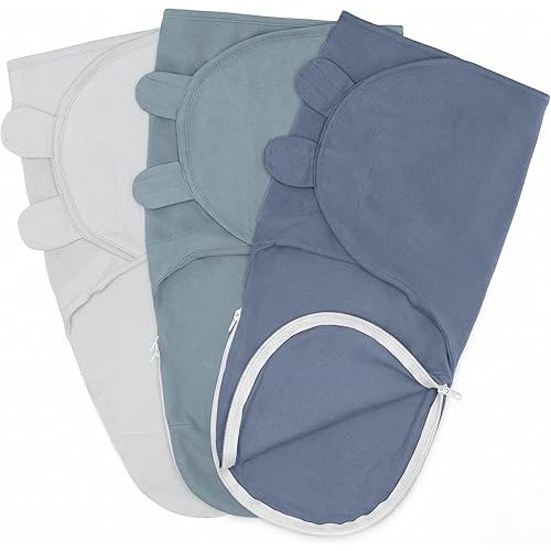 Comfy Cubs Easy Swaddle Blanket with Zipper Closure, 3 Pack - 100% Cotton Newborn Wrap, Small for 0-3 Months Infants, Breathable and Durable Sleep Sack for Babies - Stone, Pacific Blue, Nomadic Blue