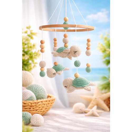 Crochet Turtle Baby Mobile | Handmade Ocean Nursery Decor, Neutral Sea Animal Crib Decor
