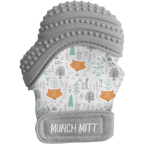 Malarkey Kids Patented Teething Mitten, Munch Mitt Baby Chew Toy - Protects Hands from Chewing & Saliva, Heals Aching Gums, Promotes Sound & Visual Stimulation for Babies - Grey Fox