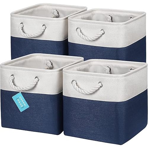 OrganiHaus 11x11 Cube Storage Bins 4 Pack, Foldable Cube Storage Organizer w/ Rope Handles, Collapsible Fabric Bins for Toys, Clothes & Closet Organization, Fabric Square Baskets - Navy Blue