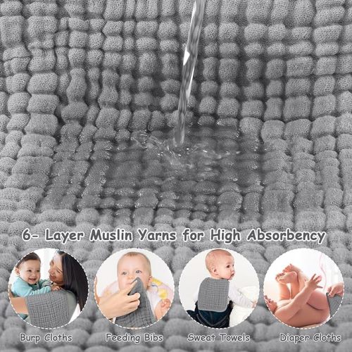 Looxii Muslin Burp Cloths 100% Cotton Muslin Cloths 12 Pack Large 20''x10'' Extra Soft and Absorbent Baby Burping Cloth for Boys and Girls (Grey)