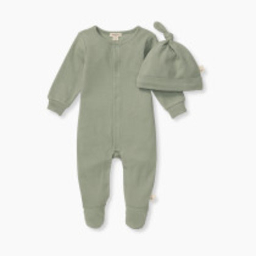 Burt's Bees Baby Ribbed Jumpsuit & Hat Set - Green Ribbed, 0-3 Months