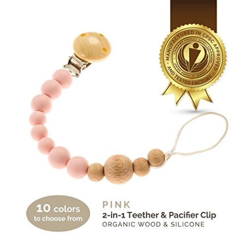Lil' Teethers Pacifier Clip for Boys & Girls, Fits Soothie, Mam, Nuk Pacifiers, Teething Toys and more. Teether clip is made of Food Grade Silicone & Passed by CPSC. Pink